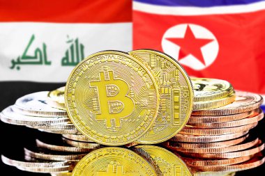 Irak ve Kuzey Kore 'deki kripto para birimi ve engelleme teknolojisi yatırımcıları için konsept. Irak ve Kuzey Kore bayrağının arka planında Bitcoin 'ler.