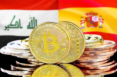 Irak ve İspanya 'daki kripto para birimi ve engelleme teknolojisi yatırımcıları için konsept. Irak ve İspanya bayrağının arka planında Bitcoin 'ler.
