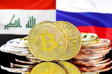 Irak ve Rusya 'daki kripto para birimi ve engelleme teknolojisi yatırımcıları için kavram. Irak ve Rusya bayrağının arka planında Bitcoin 'ler.