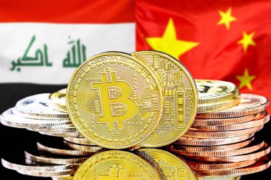Irak ve Çin 'deki kripto para birimi ve engelleme teknolojisi yatırımcıları için konsept. Irak ve Çin bayrağının arka planında Bitcoin 'ler.