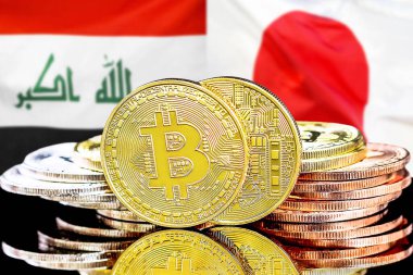 Irak ve Japonya 'daki kripto para birimi ve engelleme teknolojisi yatırımcıları için kavram. Irak ve Japonya bayrağının arka planında Bitcoin 'ler.