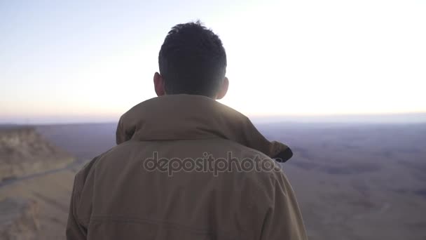 Человек наблюдает за пейзажем в прекрасной пустыне утром — стоковое видео