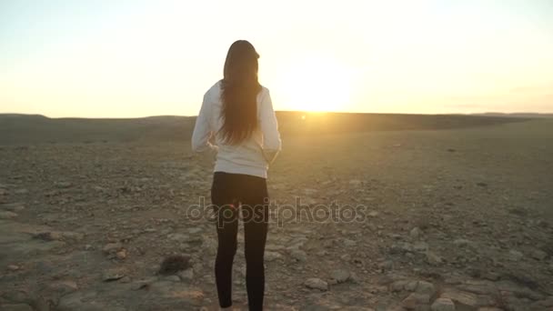 Giovane donna in piedi nel deserto a guardare il bel sole — Video Stock