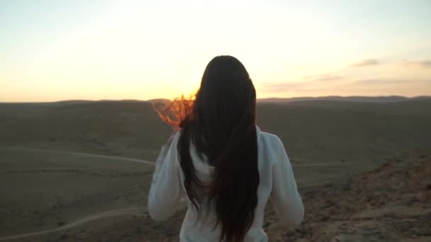 Mujer joven levantando los brazos en un atardecer desértico - alcanzando su meta — Vídeos de Stock