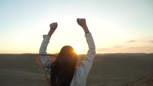 Mujer joven levanta los brazos en un paisaje desértico — Vídeo de stock