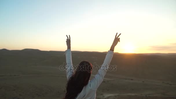 Mädchen mit erhobenen Armen im Sieg bei einem Sonnenuntergang in der Wüste - Ziel erreicht — Stockvideo