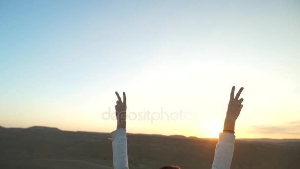 Vrid nedåt på en ung kvinna med armarna upp i seger i en öken landskap — Stockvideo