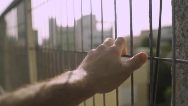 Χέρι Κρατώντας Ένα Φράχτη Απόγευμα Ήλιο Την Πόλη Στο Παρασκήνιο — Αρχείο Βίντεο