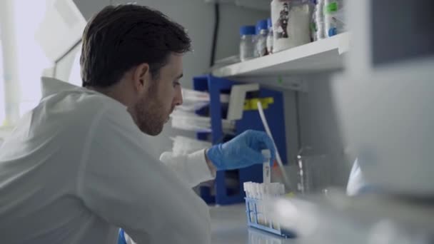 研究室に座ってさまざまな科学実験のサンプルをレビューしている男 — ストック動画