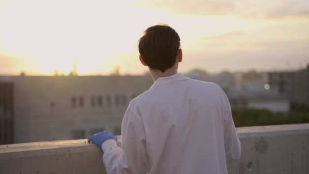 Счастливый Ученый Поднимает Руку Воздух Красивым Восходом Закатом Солнца — стоковое видео