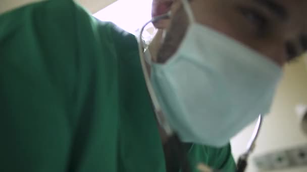 Young Doctor Seen Dozy Patient Point View Laying Bed — Stock Video