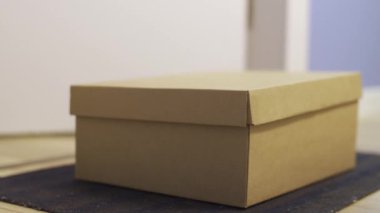 Ellerinde lateks eldiven olan eller kapının yanında bırakılmış bir karton kutu alır.