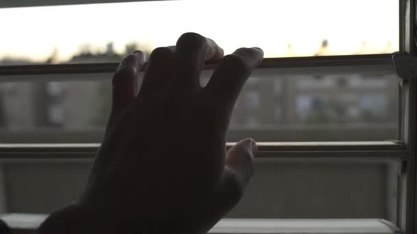 Рука на окне жалюзи в бедном районе — стоковое видео