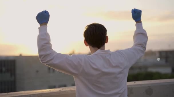 Excited Scientist Standing Roof Throws His Hands Air Victory — Stock Video