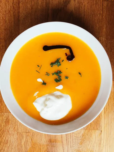 Delicious Orange Colored Pumpkin Potato Soup Creme Fraiche Herbs Romantic — Stock Photo, Image