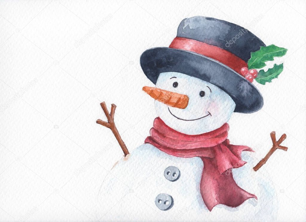 Watercolor snowman with cheerful smile 
