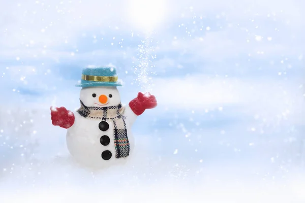 Happy snowman is standing in winter christmas landscape