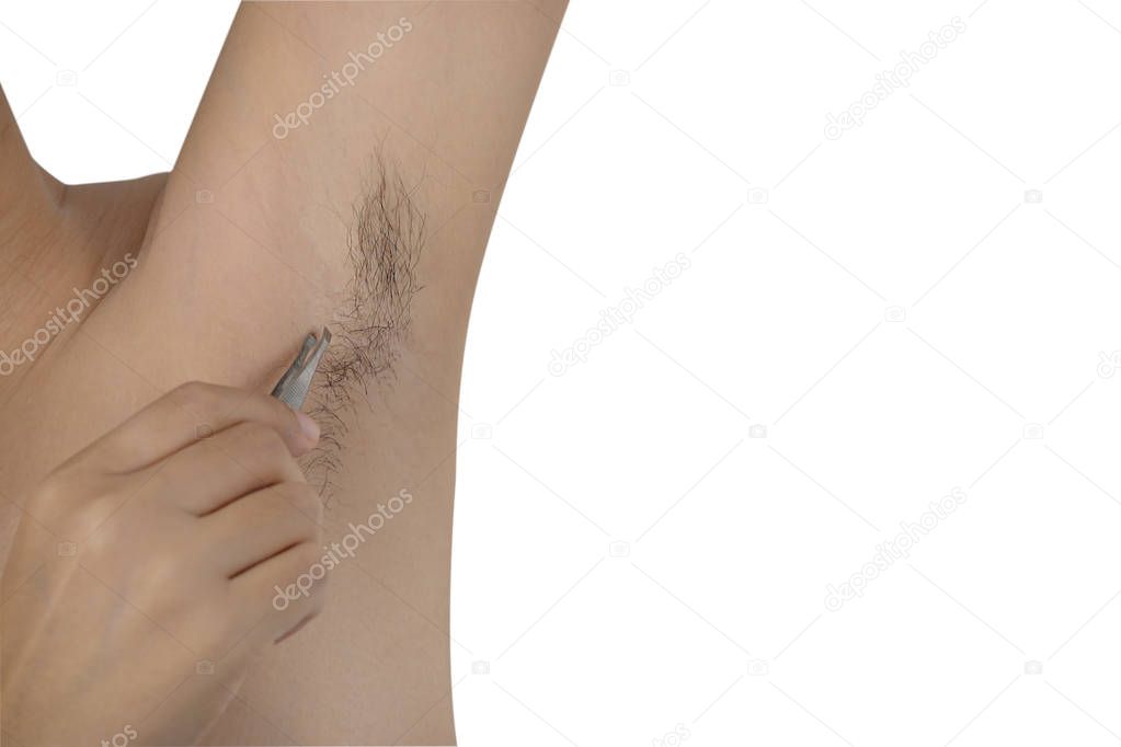 Hands are shaved, armpits or plucking the armpits with tweezers isolated on a white background, Hygiene skin body care concept