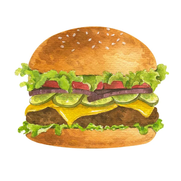 Akwarela ilustracja Hamburger — Zdjęcie stockowe