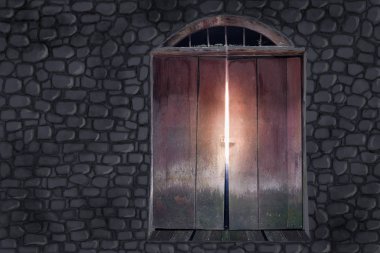 Eski gri tuğla duvar eski kırmızı kapıyla.