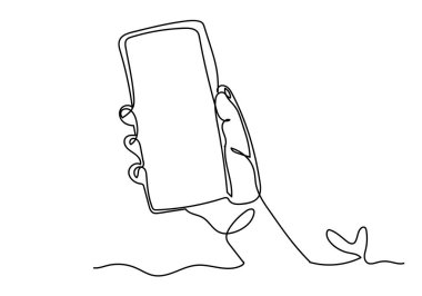 Aralıksız tek satır halinde akıllı telefonu tutan el çizimi.