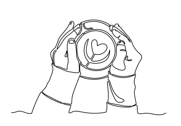 One continuous line drawing of hands holding coffee — 스톡 사진