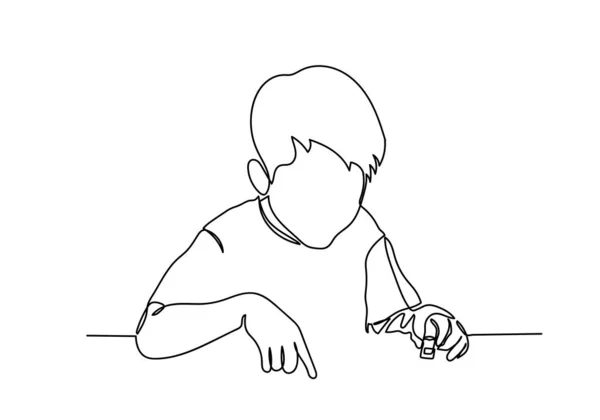 Continuous line of schoolboy raising his hand and pencil, idea a — 스톡 사진