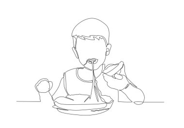 Continuous line of Asian boy is happy to eat pizza 