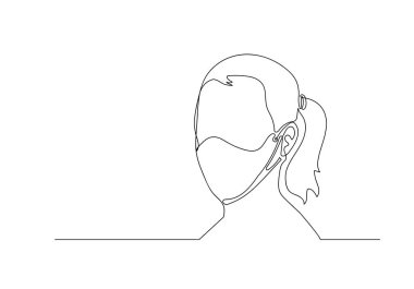 Tıbbî maske takan kesintisiz bir çizgi. Koronavirüs kavramı.