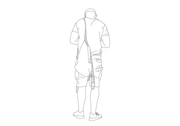 男のブラックラインアートスケッチバックパック バックビューで立っている 白地に描かれた手描きイラスト — ストック写真