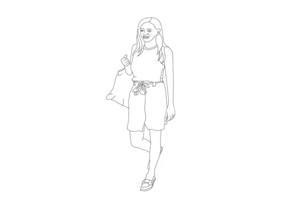 One Line Hand Drawing Woman Holding Plastic Bags Street Shoping — Stock Photo, Image