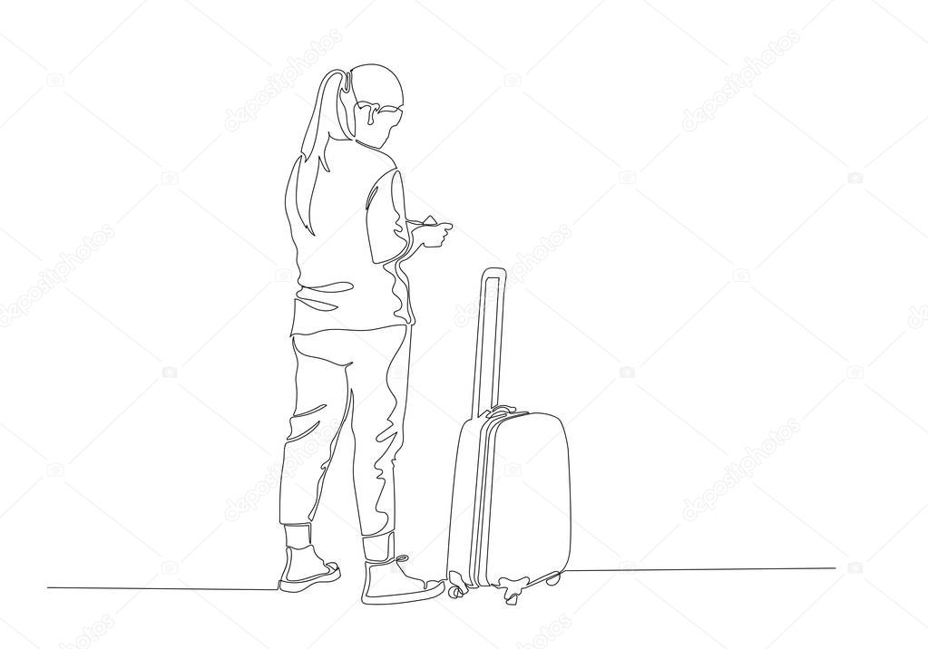 One continuous line drawing of standing  traveler with baggage, immigrant with luggage.