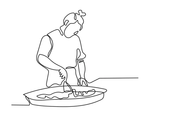 One Continuous Line Drawing Chef Prepares Food Kitchen — Stock Photo, Image