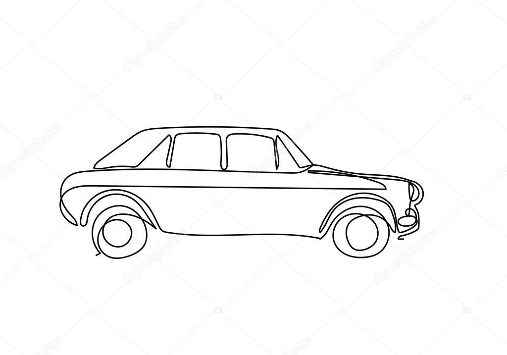 One single continuous line drawing of old vintage car, line draw design illustration.