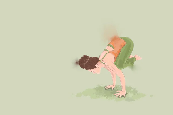 Vrouw Balanceren Bagasana Yoga Illustratie Geïsoleerd Groene Achtergrond Met Kopieerruimte — Stockfoto