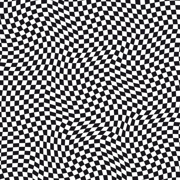 Abstract black and white checkered vector background. Geometric spherical pattern with visual distortion zoom effect. Optic illusion. — Stock Vector