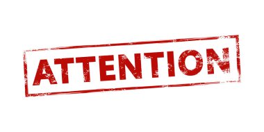 Dikkatini ver. Grunge biçiminde vektör ögesi. Beyaz arkaplanda eski kırmızı damga.