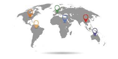 Renkli iğneli vektör dünyası haritası. Gri renk. 3d grafik arkaplan.