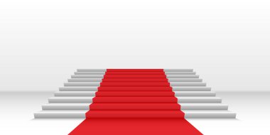 Beyaz merdivenlerde kırmızı halı. Lüks web ve grafik tasarımları için vektör 3 boyutlu arkaplan. Ünlülerin yaşam tarzlarını göstermek için vektör şablonu.