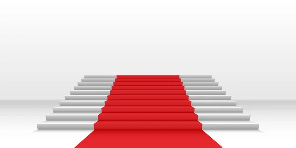 白い階段のレッドカーペット。豪華なウェブとグラフィックデザインのためのベクトル3D背景。有名人のライフスタイルの項目を表示するためのベクトルテンプレート. — ストックベクタ