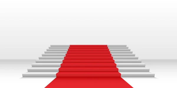 Alfombra roja en escaleras blancas. Vector 3d fondo para la web de lujo y diseños gráficos. Plantilla vectorial para mostrar los artículos en el estilo de vida de celebridades . — Vector de stock