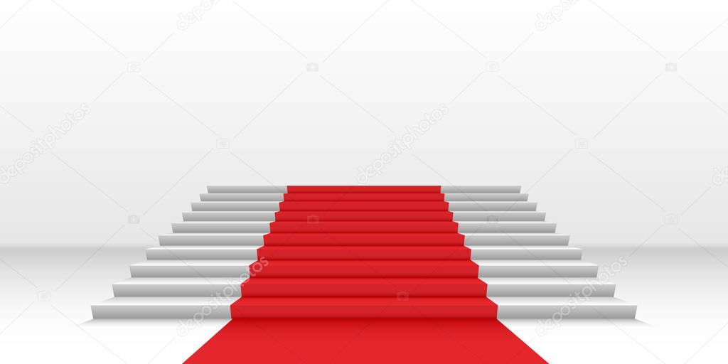 Red carpet on white stairs. Vector 3d background for luxury web and graphic designs. Vector template for show the items in celebrity lifestyle.