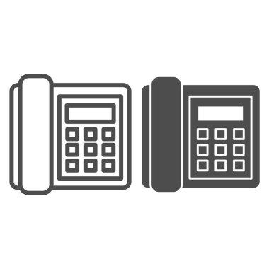 Sabit telefon hattı ve sembol. Çağrı alıcısı, iletişimci, klasik telefon sembolü, beyaz arkaplanda ana hatlı resim. Mobil konsept veya web tasarımı için iş tabelası. Vektör grafikleri.