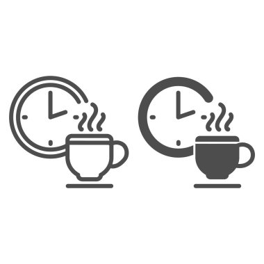 Kahve molası ve sembol. Saat ve fincan, rahatlama ve içme zamanı, beyaz arka planda ana hatlı resim. Mobil konsept ve web tasarımı için iş ya da kafe tabelası. Vektör grafikleri.