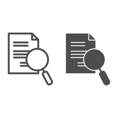 Lens, kağıt liste ve sembol. Arama, belge sembolü üzerinde büyütme, beyaz arkaplanda taslak biçim piktogramı. Mobil konsept için iş ve araştırma tabelası, web tasarımı. Vektör grafikleri.