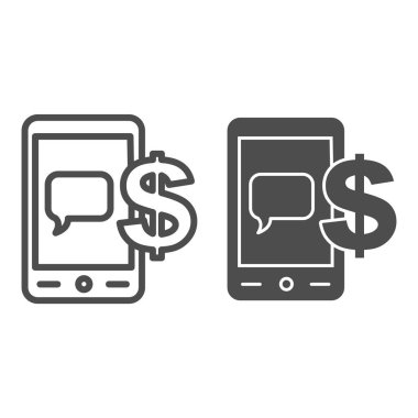 Mobil ödeme hattı ve sembol. Dolar ile akıllı telefon, fatura mesajı sembolü, beyaz arka planda ana hatlı resim. Mobil konsept için iş ya da finans anlaşması, web tasarımı. Vektör grafikleri.