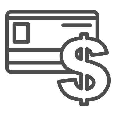 Banka kredi kartı ikonu. Manyetik bantlı ve dolar sembollü plastik anahtar, beyaz arka planda ana hatlı resim. Mobil konsept ve web tasarımı için finansal tabela. Vektör grafikleri.