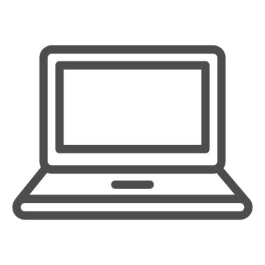 Dizüstü bilgisayar hattı simgesi. Taşınabilir bilgisayar, not defteri aygıtı sembolü, beyaz arkaplanda ana hatlı resim çizimi. Mobil konsept ve web tasarımı için teknoloji ya da iş tabelası. Vektör grafikleri.