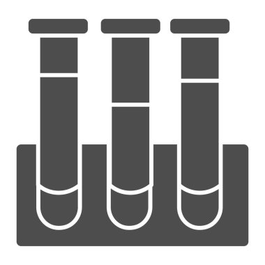 Ampüller ya da kimyasal şişeler katı bir ikon. Cam tüpler sembolü, beyaz arka planda glifli resim. Mobil konsept ve web tasarımı için tıp ve kimya işareti. Vektör grafikleri.