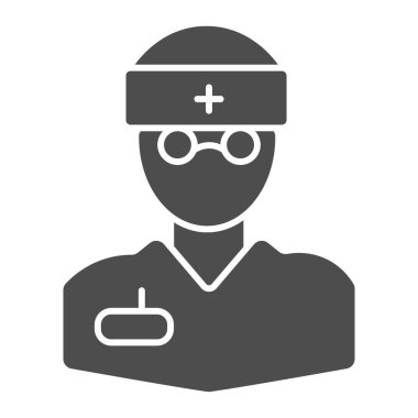 Doktor katı ikon. Tıbbi kişi, cerrah ya da eczacı, gözlük sembolü, beyaz arka planda kabartma şekilli resim. Mobil konsept ve web tasarımı için tıbbi işaret. Vektör grafikleri.